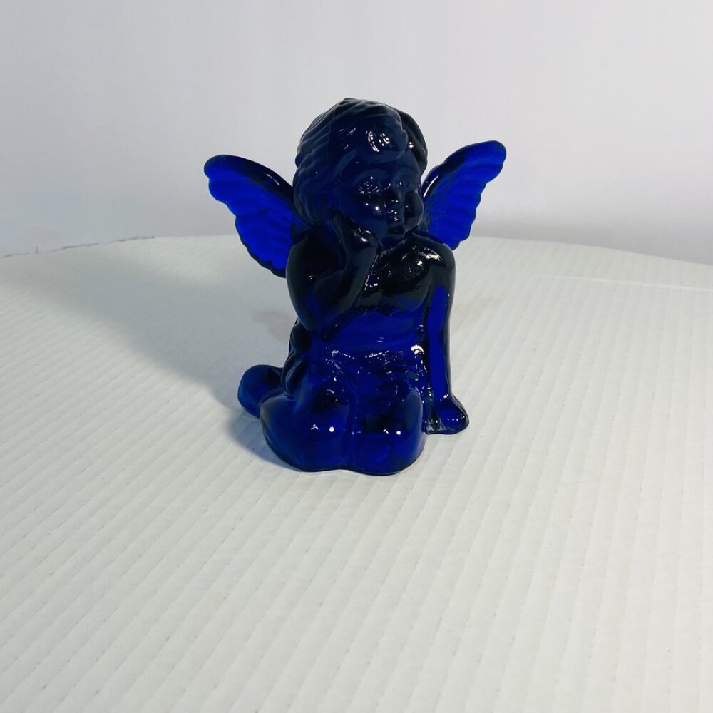 VTG Two Cobalt Blue Glass Sitting Angel Cherub Taper Candle Holders 5"x 5"x 5" - Picture 17 of 17